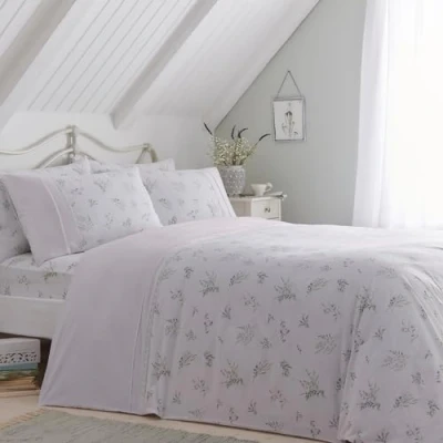 Image of Dreams &amp; Drapes White Floral Lavender Duvet Cover King Bedding Size (230 x 220cm) Classic Ruffle Lace/Frill Lilac Vintage with Botanical Print