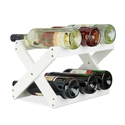 Image of Relaxdays Bamboo Wine Rack, x Shape, 6 Bottles, Country House Style, Small, Folding Bottle Holder, HWD 22 36 20 cm, White