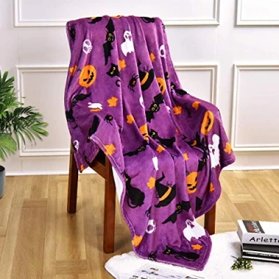 Image of JOOCAR Flannel Throw Blanket Halloween Pumpkin Purple Ghost Bat Spooky Cats Cozy and Soft Plush Warm Blankets for Bed Couch Living Room Sofa Chair(125 x 100cm)