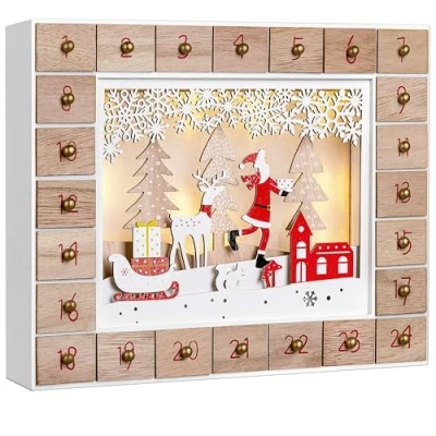 Image of Spielwerk® Traditional Wooden Christmas Advent Calendar Light Up Reusable Sustainable Countdown Decoration 24 Refillable Drawers Warm White LEDs DIY Gift Ornament Sleigh