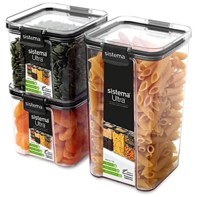 Image of Sistema Ultra Tritan Airtight Pantry &amp; Kitchen Storage Containers 3 Square Plastic Food with Lids (1x 1.3L + 2x 700ml) Stackable Locking Clips BPA Free