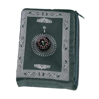 Image of 2 UR DOOR Travel Friendly Foldable Portable Waterproof Pocket Prayer Mat with Compass Polyester Washable Janamaz, 100 x 60 cm, Ideal Rug Gift for Muslims (Dark Green)