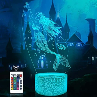 Image of Attivolife Mermaid 3D Illusion Lamp, Princess Night Light with Remote Control + Timer 16 Color Changing Desk Lamps Kids Fairy Room Decor Plug in Festival Birthday Gifts for Girls Women Child