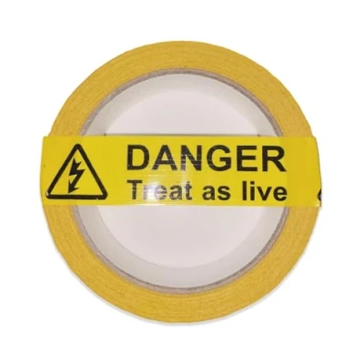 Image of iSigns Warning Tape (Treat as Live Caution Tape) 1 Roll, Self Adhesive Safety Tape, Laminated Waterproof Black and Yellow Hazard for Measures 25mm x 33m