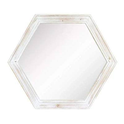 Image of Stonebriar Decorative 24&quot; Hexagon Hanging Wall Mirror with Worn White Painted Wood Frame and Attached Bracket