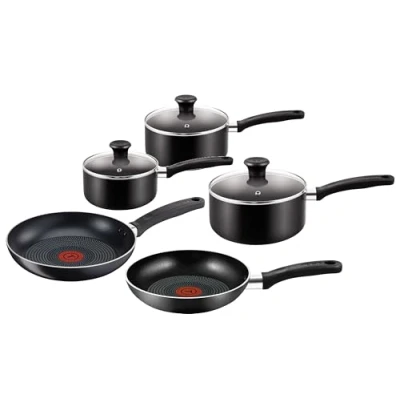 Image of Tefal Essential, Aluminium Pots and Pans Set, 16 cm, 18 cm 20 Saucepans with Lids, 24 Frying Pans, Black, B472S545