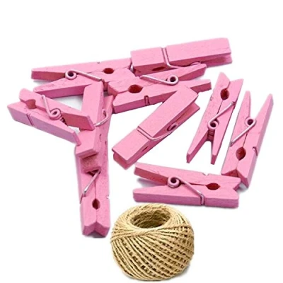 Image of 100 Colored Wooden Mini Pegs Clothespins Craft Photo Clips with 20 meters Jute Twine for Rustic Decoration (Pink)