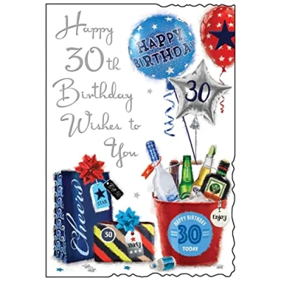 Image of Jonny Javelin Male Happy 30th Birthday Card Age 30 Balloons Presents Beer Bottles Ice Bucket