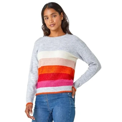 Image of Roman Originals Jumper for Women UK Ladies Winter Autumn Casual Pull On Round Crew Neck Long Sleeve Comfy Work Dinner Party Everyday Colourful Longline Stylish Grey Red Size XL