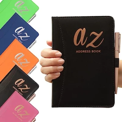 Image of A to Z Telephone Address Book Index Hard Back Cover Plus Pen A5 Addresses Home Office Work (Black)
