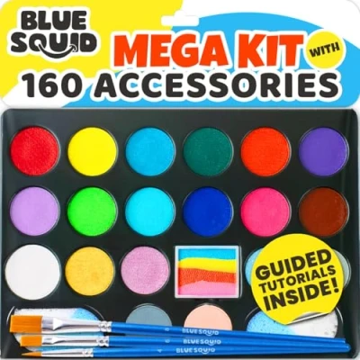 Image of Blue Squid Face Painting Kit for Kids 24 Colors 160pc Ultimate Paint Kit, Stencils, Book Safe Sensitive Skin, Non Toxic Professional Party, Halloween Makeup