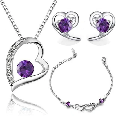 Image of Crystalline Azuria Women 18ct White Gold Plated Purple Zirconia Crystals Heart Set Pendant Necklace 17.7 inches Stud Earrings Bracelet 6.4