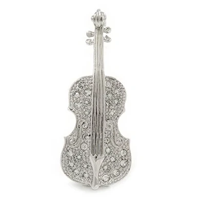 Image of Avalaya Clear Crystal Violin Brooch in Rhodium Plated Metal 50mm L
