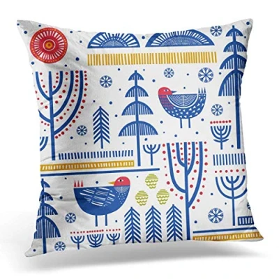 Image of Topyee Cushion Cover Birds Folk Pattern in Scandinavian Nordic Finnish Geometric Swedish 45x45cm/18x18 Inch Home Decor Throw Pillow Square Pillowcase for Bed Sofa