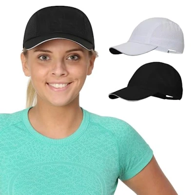 Image of TrailHeads Women&#039;s Race Day Performance Running Cap, Lightweight &amp; Quick Drying Mesh Sports Hat with Reflective Trim White Black 2 pk