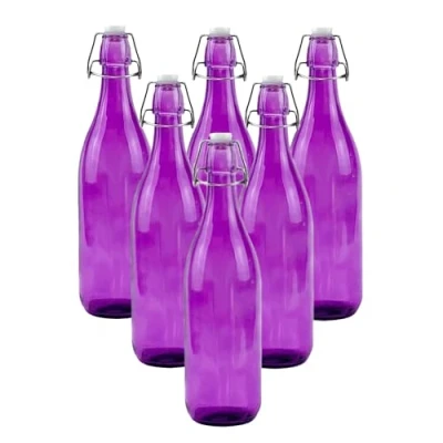Image of simpa 1 Litre Traditional Vintage Style Glass Bottles with Swing Top Lids Set of 6 Purple Bottles.