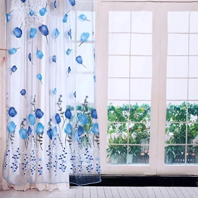 Image of Zerodis 100x200 cm Colorful Tulips Printing Window Curtains Sheer Drape Tulle Draperies for Balcony Living Room Bedroom Kitchen Decorations(Blue)
