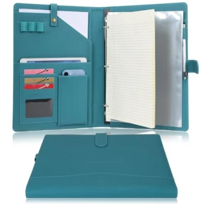 Image of Wonderpool A4 PU Leather Portfolio Holder Ring File Document Case with Removable Binder Clipboard, Multi Pocket and Legal Pad for Business Organizer Interview Meeting (Dark Cyan)