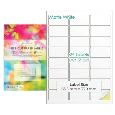 Image of Evergreen Goods A4 Precut Multi Sticker Labels Matte White 3x8, 24 per Sheet: 2400 in Total, 100 Sheets Inkjet &amp; Laser Printable Sticky Back Self Adhesive Purpose Printing Paper