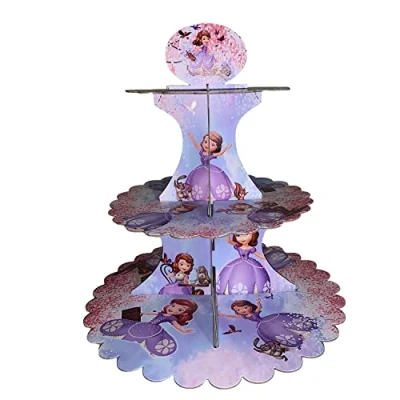 Image of AEX 3 Tier Cake Stand Cardboard Birthday Cupcake Stands For Afternoon Tea Biodegradable Round Food Fruit Dessert Display Holder Sofia The First Pink