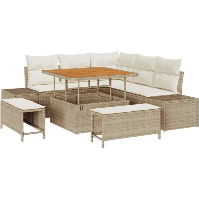 Image of vidaXL 8 Piece Garden Sofa Set with Cushions Beige Poly Rattan Acacia