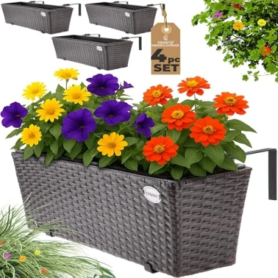 Image of CASARIA® Set of 4 Flower Boxes Weatherproof Rattan Hangable with Mounting Brackets Floating Planters Balcony Windowsill Railing Gate Fence 60x20x19cm 11 L Brown