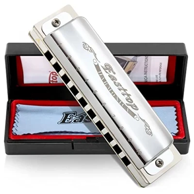 Image of East top Blues Harmonica Key of C, 10 Holes Diatonic Harp Mouth Organ T008, Silver For Adults, Professionals and Students