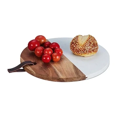 Image of Relaxdays Round Chopping Board, Marble &amp; Wood, Cutting Surface, 25 cm, Breakfast Serving Tray, Cheese, Natural/White, 50%