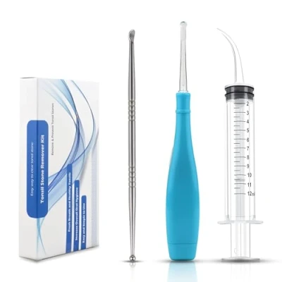 Image of Tonsil Stone Remover and Oral Hygiene, Led Pick Tool Curved Syringe Stainless Steel Pick, Halitosis Treatment