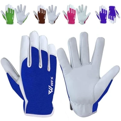 Image of Leather Work Gloves Gardening Breathable Rigger Thorn Proof Palm Building Heavy Duty Ladies Mens Gripper Utility (Blue, Large)