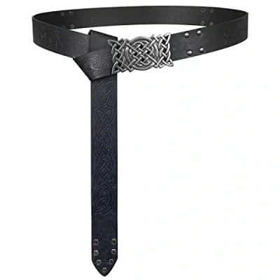 Image of HiiFeuer Viking Embossed Buckle Belt, Nordic Faux Leather Knight Retro Medieval Warrior Belt for LARP (Black A)