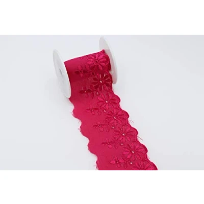Image of Feathers Creation 2 Yards Daisy Cotton Flat Border Anglais Lace Trim Inch Broad Edging,Fabric Finishing,Wedding Dress,Casual Dress Edging Sew On (Hot Pink)