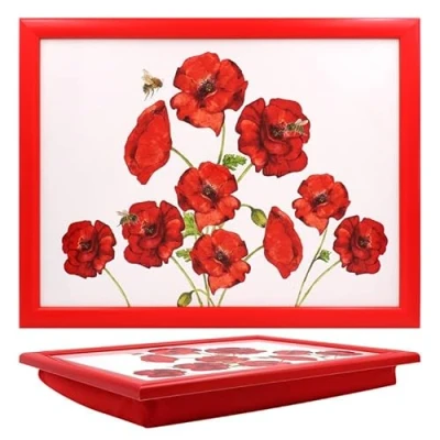 Image of Red Poppies Cushioned Laptray Bee tanical Floral Snack Tray