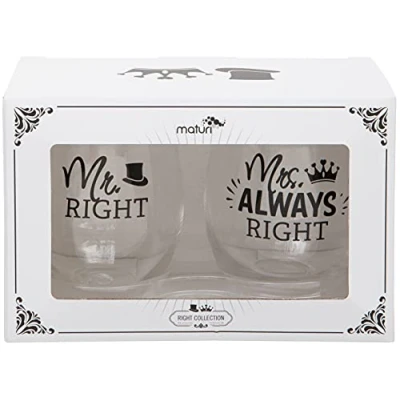 Image of Maturi Set of Two Mr Right and Mrs Always Stemless Wine Glasses