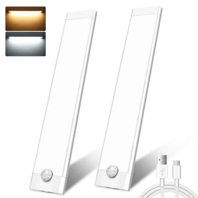 Image of under Cabinet Kitchen Lights,2 Pack 44 LEDs 3 Modes Motion Sensor Cupboard lights,2000mAh USB Rechargeable Stepless Dimming Wardrobe Light,2 Color Temps Closet Light for Stairs