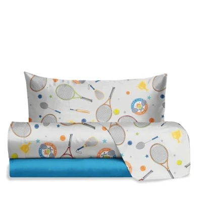 Image of hermet Jolly Tennis Single Bed Sheet Set, 100% Cotton, Top + Fitted Pillowcase, Bedding Set with Nursery Design