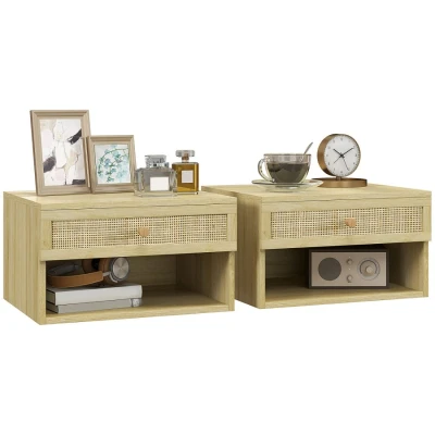 Image of HOMCOM Floating Bedside Tables, Nordic Nightstands Set of 2 with Rattan Drawer and Open Shelf for Bedroom, Nature Wood Finish