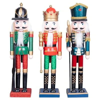 Image of SHATCHI 43cm Red/Green Wooden Christmas Nutcrackers 3pcs Set Soldiers King Puppet Figurines Xmas Home Decoration Ornament
