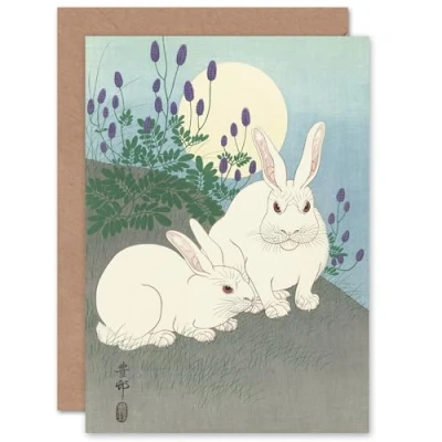 Image of Ohara Koson Rabbits Full Moon Japanese Woodcut Fine Art Greeting Card Plus Envelope Blank Inside