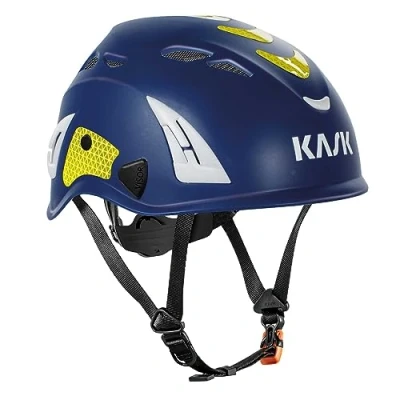 Image of KASK Superplasma HI VIZ Safety Helmet with Rotating Wheel, Reflective Stripes, EN 397, Colour: Blue/Yellow