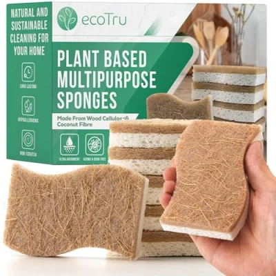 Image of ecoTru 6 Pack Compostable Natural Washing Up Sponge, UK Brand Eco Friendly Kitchen Dish Cleaning Sponges, Biodegradable Cellulose &amp; Coconut Sponges Scourers for Non Scratch Heavy Duty Scrubbing