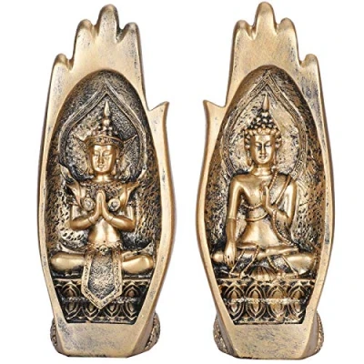 Image of Tomotato 2 Pcs Palm Buddha Statue, Sitting in Hand Sculpture Meditating Zen Figurine Synthetic Resin for Garden Porch Living Room Decoration