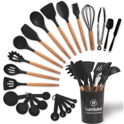 Image of Lumivive Kitchen Utensils Set Food Grade Silicone Elevate Culinary Experience w 24 Piece Premium Cooking Hanging Loops for Storage Set(Avoid Abrasive Wash)