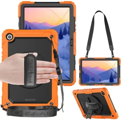 Image of TECHGEAR UTILITY Case fits Samsung Galaxy Tab A9 Plus 11&quot; (SM X210 / SM X215) Tough Rugged HEAVY DUTY Armour Shockproof Impact with 360 Rotating Stand, Hand &amp; Shoulder Strap Orange