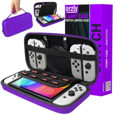 Image of Orzly Carrying case for Nintendo Switch OLED and Console Purple Protective Hard Portable Travel Shell Pouch &amp; Accessories