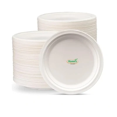 Image of Disposable Paper Plates Extra Strength White Super Rigid Bagasse 18cm Round 100% Compostable Biodegradable Sugarcane for Family Events Schools Office BBQ Picnics Party 7 Inch 50 Pack