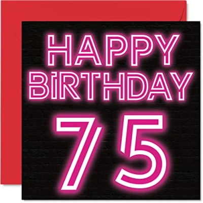 Image of Fun 75th Birthday Cards for Men Woman Neon Glow Happy Card Dad Mum Great Grandad Grandpa Nanny Grandma Gran Uncle Auntie, 145mm x Greeting Cards,