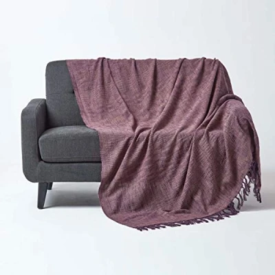 Image of HOMESCAPES Nirvana Mauve Purple Handwoven 100% Pure Cotton Throw 100 x 140 Inches, Bedspread Blanket with Handknotted Tassels in Very Durable and Heavy Quality, Easy Care Washable at Home