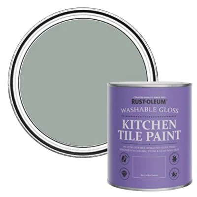 Image of Rust Oleum Grey Water Resistant Kitchen Tile Paint in Gloss Finish Pitch 750ml