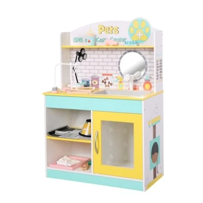 Image of Teamson Kids Wooden Little Helper Pretend Pets Spa and Care Centre Play Stand Vet Clinic Cat Dog with 19 Role Accessories Green/Yellow
